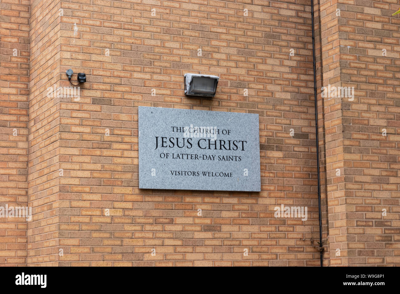 The sign on a Mormon church reading the church of Jesus Christ and the latter day saint Stock Photo