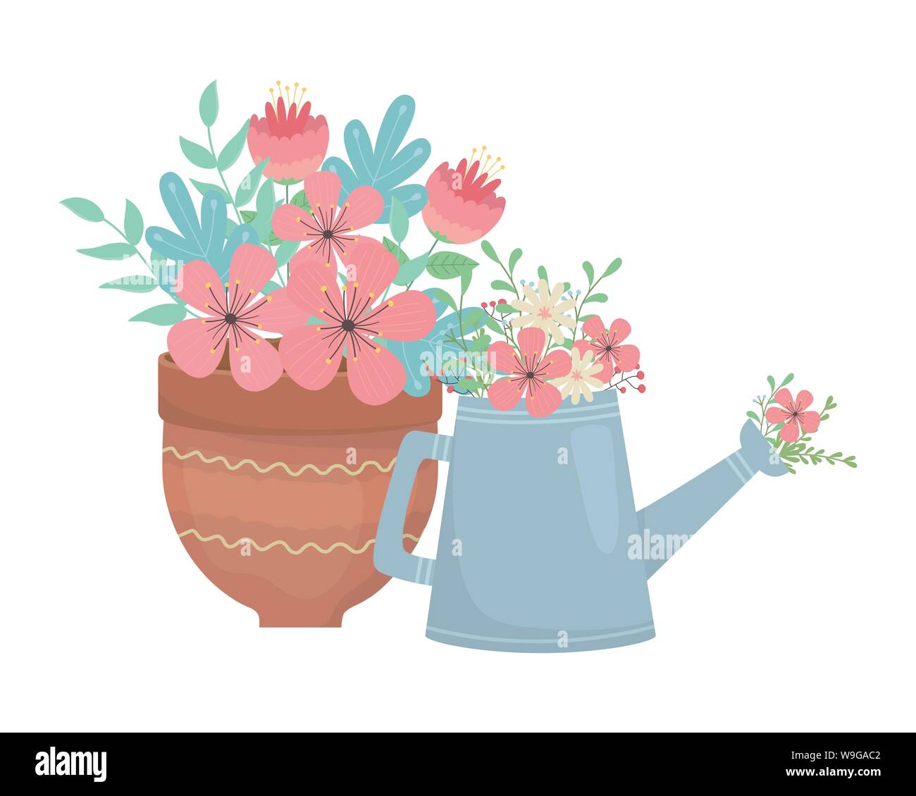 Flower pot and watering can design, floral nature plant ornament garden ...