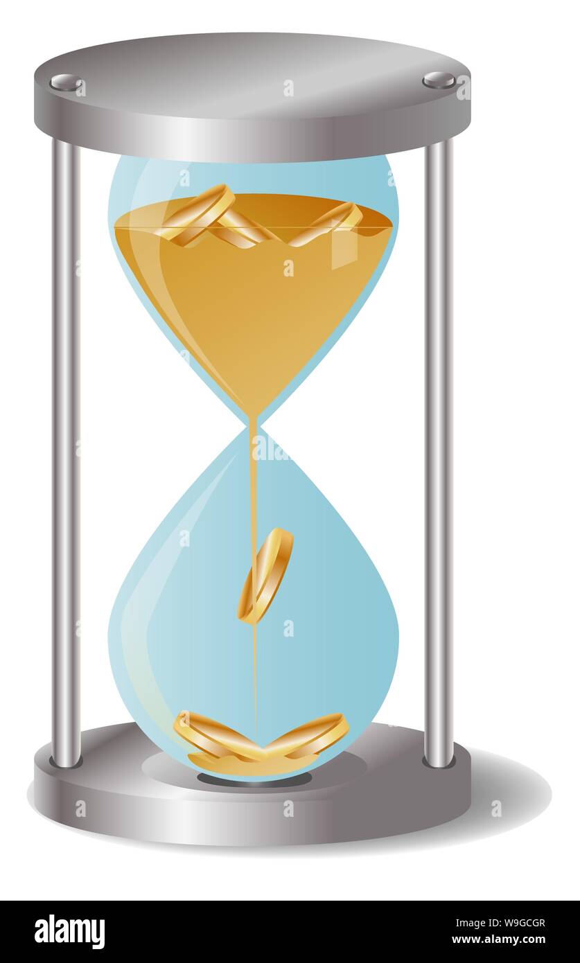 Concept time is money, money like sand, gold coins in an hourglass ...