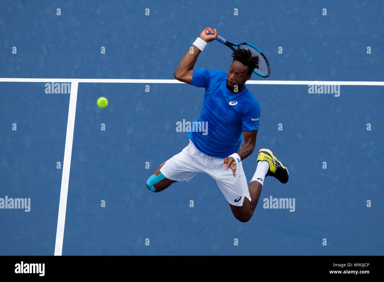 Cincinnati, Ohio, USA. 13th Aug, 2019. GAEL MONFILS of France smashes the  ball in his match against Frances Tiafoe during the Western and Southern  Open Tennis tournament. Tiafoe won 7-6, 6-3. Credit: