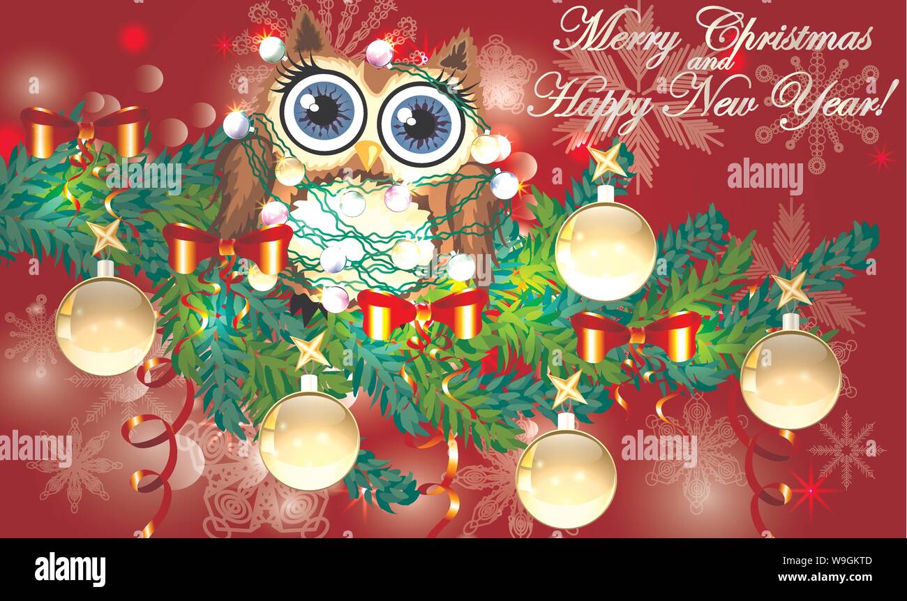 Lovely Cartoon Owl Tangled In A Garland Of Glowing Light Bulbs On A Spruce Branch Decorated With Balls Garlands Christmas Card Stock Vector Image Art Alamy