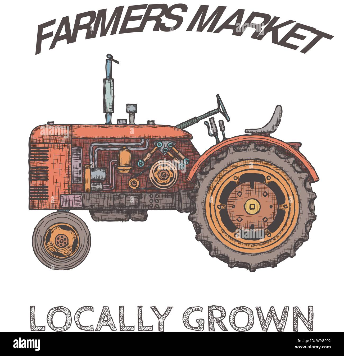 Vintage agricultural tractor, sketch. Hand drawn Vector Stock Vector