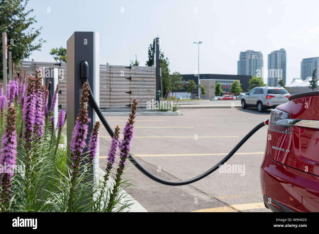 Tesla Model S plugged into Tesla Urban Supercharger at CF Sherway Gardens in Toronto (Etobicoke