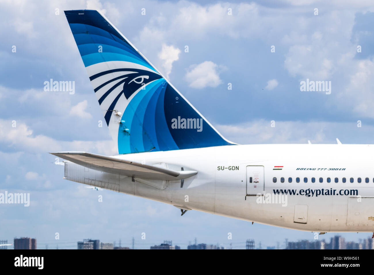 Tail of Egypt Air Boeing 777-300ER seen at Toronto Pearson International Airport. Stock Photo