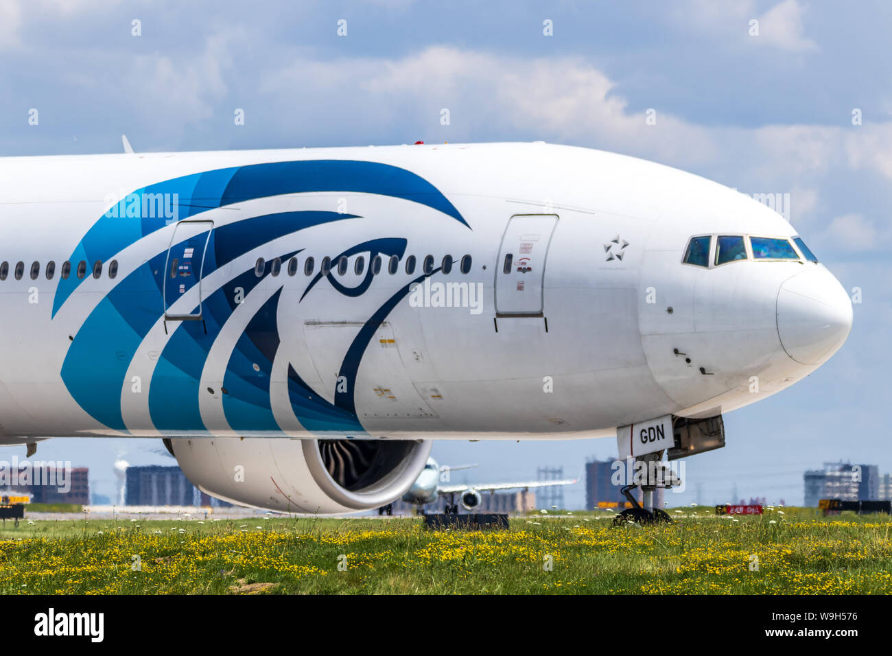 Front of Egypt Air Boeing 777-3 seen while taxiing at Toronto Pearson Intl. Airport. Stock Photo
