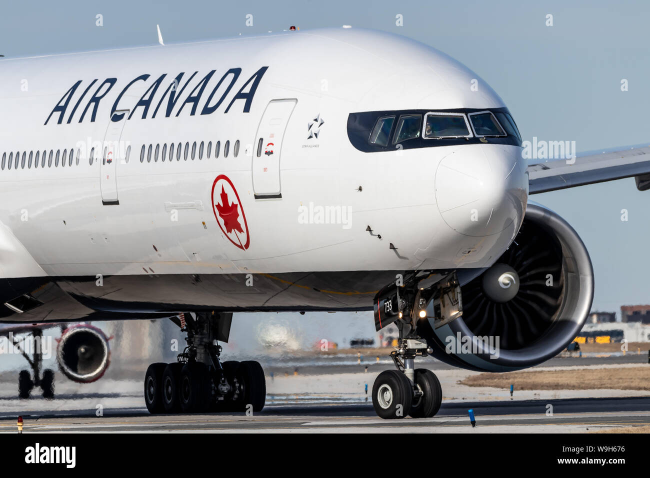 Air Canada Boeing 777-3 lining up for takeoff at Toronto Pearson Intl. Airport. Stock Photo