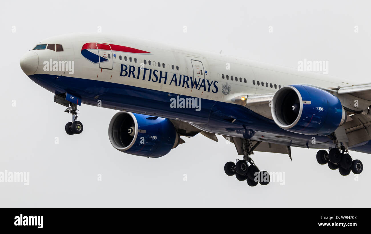 British Airways Boeing 777-2 seen while landing at Toronto Pearson Intl. Airport. Stock Photo