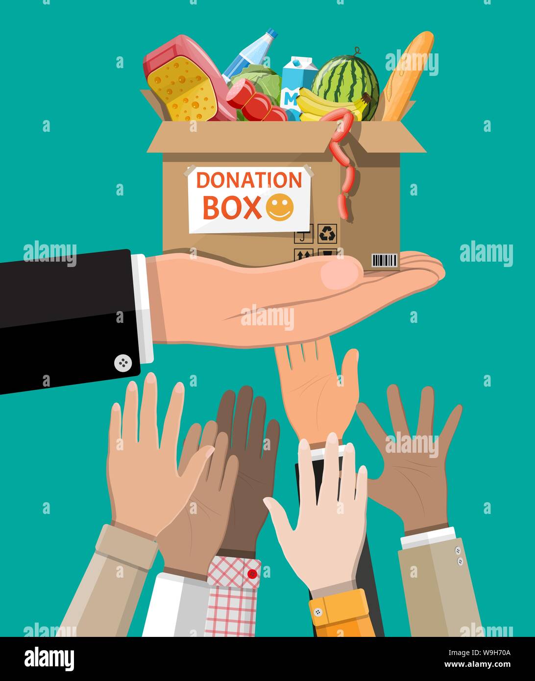 Cardboard box full of food in hand. Needed items for donation. Water