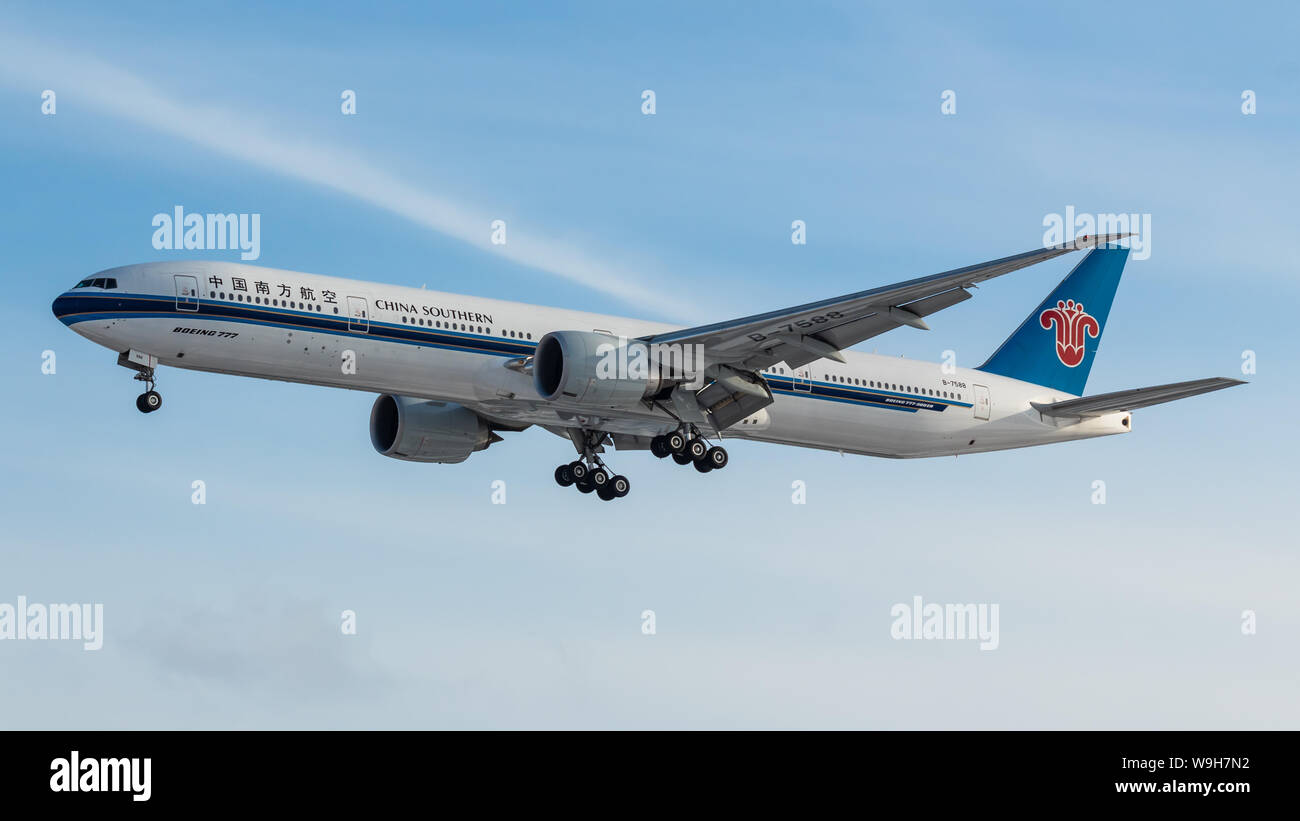 China Southern Airlines Boeing 777-3 landing at Toronto Pearson Intl. Airport. Stock Photo