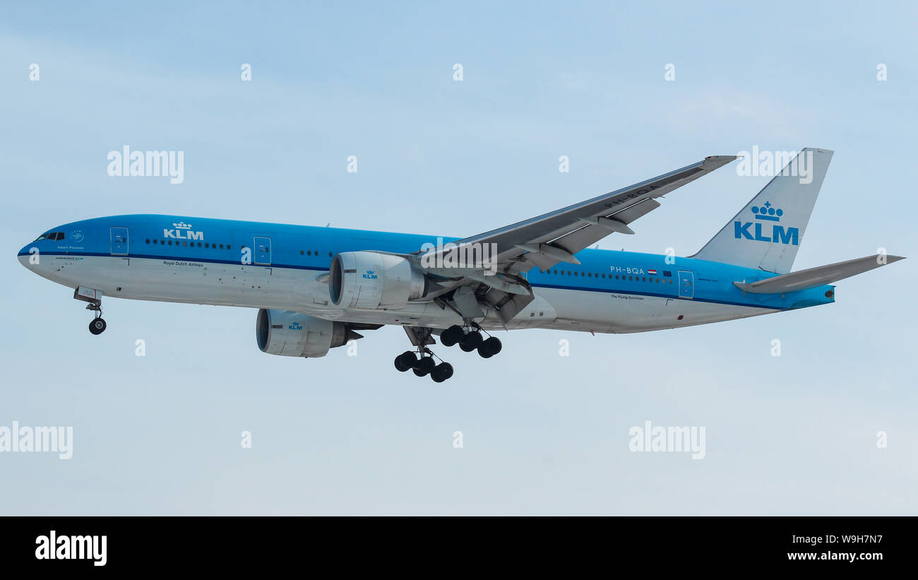 KLM Royal Dutch Airlines Boeing 777-2 landing at Toronto Pearson Intl. Airport. Stock Photo