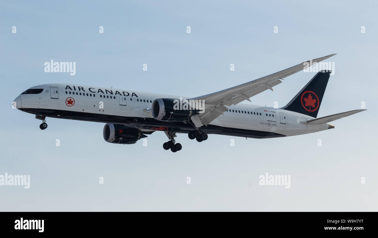 Air Canada Boeing 787-9 Dreamliner landing on a bright evening at Toronto Pearson Intl. Airport. Stock Photo