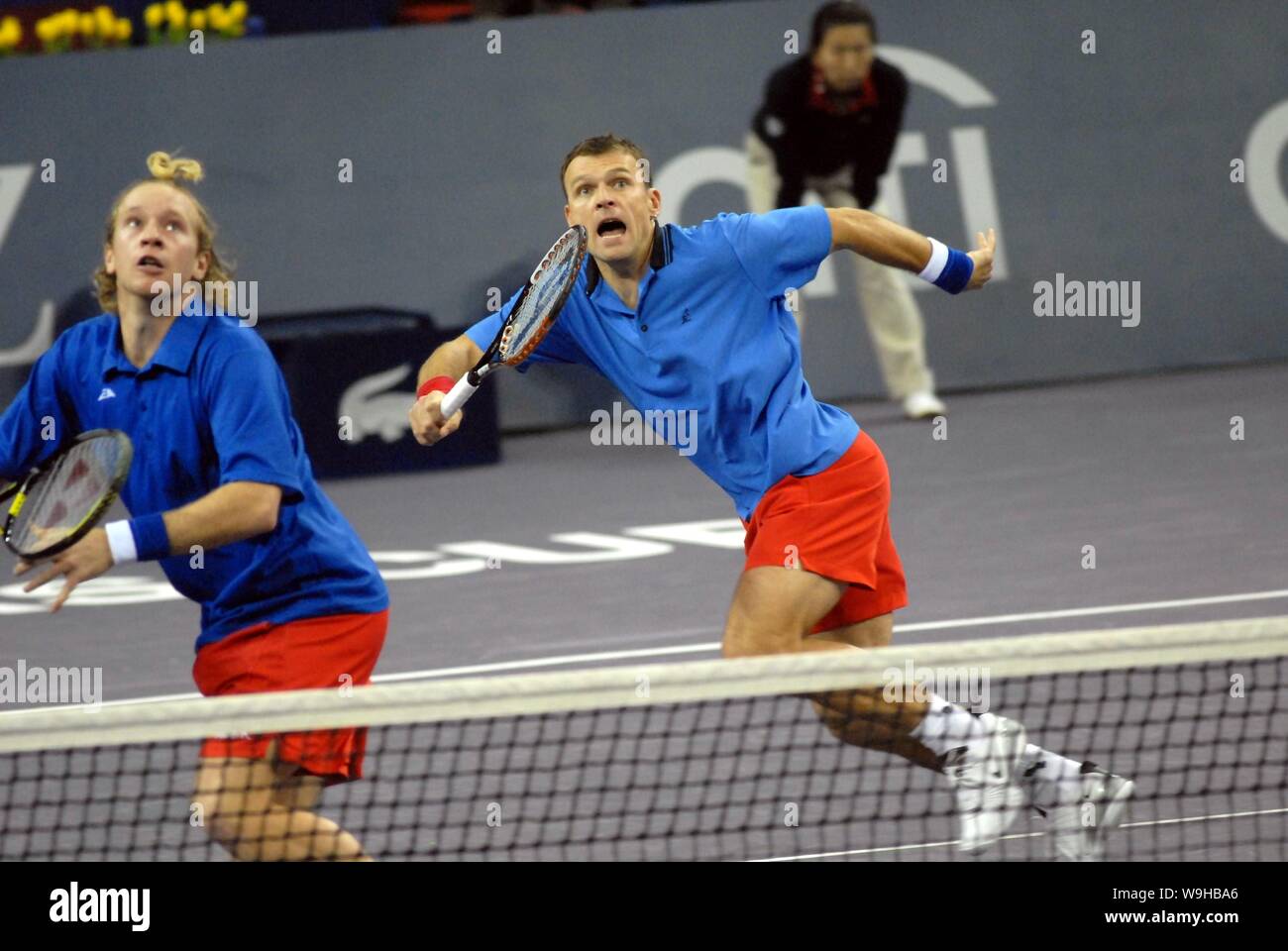 Lucas Dlouhy, left, and Pavel Vizner, right, of Czech compete against Simon  Aspelin of Sweden and Julian Knowle of Austria during a match of Tennis Ma  Stock Photo - Alamy