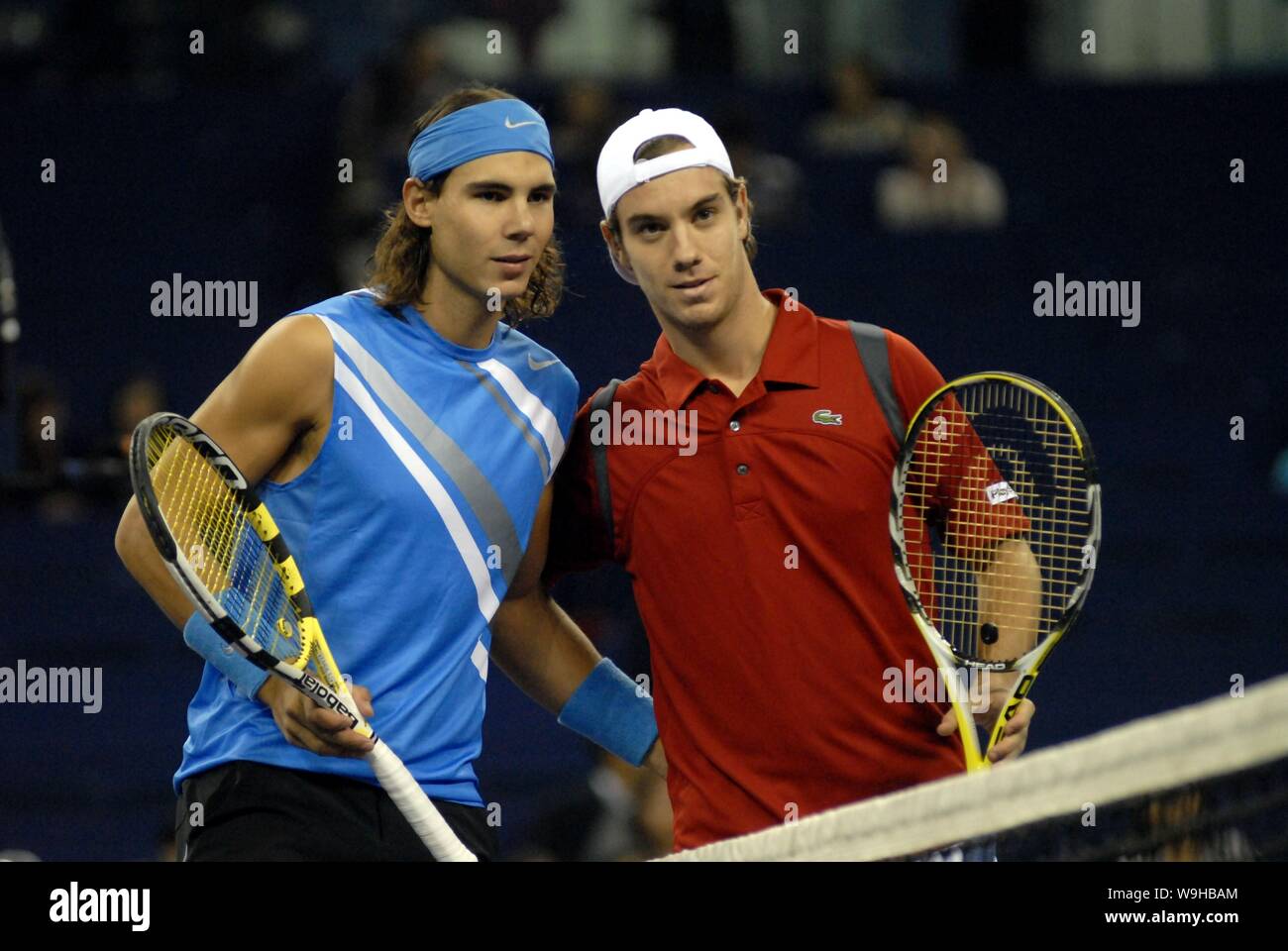 Rafael Nadal of Spain, left, and Richard Gasquet of France pose for  photographers during a match of Tennis Masters Cup in Shanghai 11 November  2007. R Stock Photo - Alamy