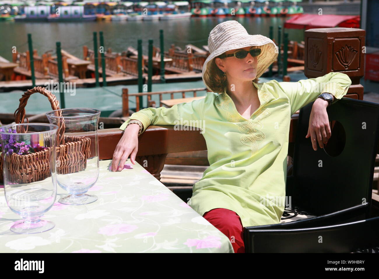 French movie star Carole Bouquet poses for her photo album in Houhai of Beijing April 27, 2007 Stock Photo