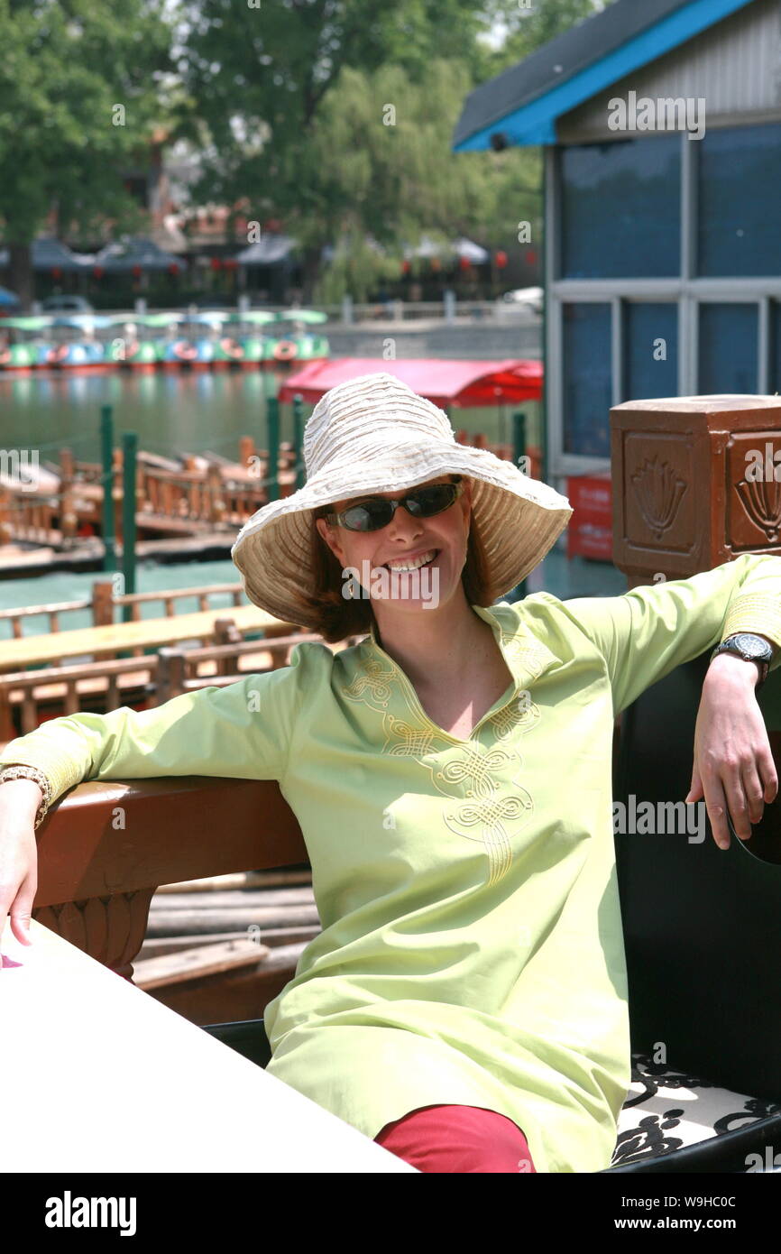 French movie star Carole Bouquet poses for her photo album in Houhai of Beijing April 27, 2007 Stock Photo