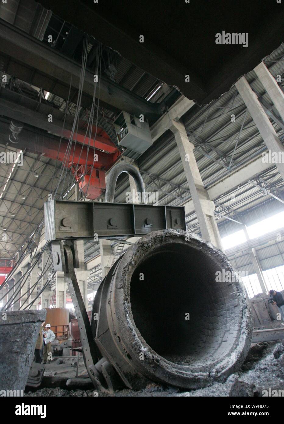 View of the steel ladle which sheared off from the blast furnace and
