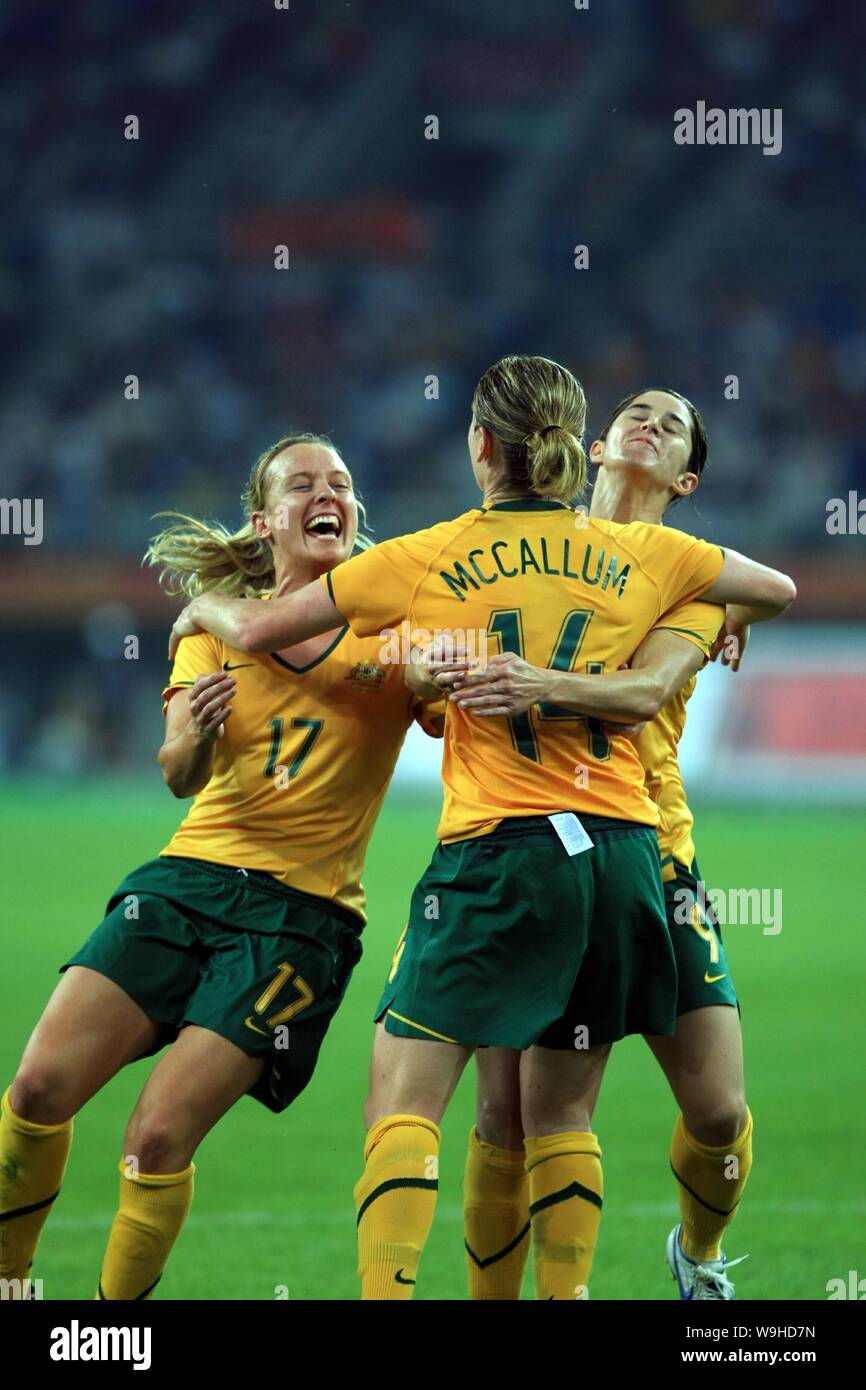 Players of Australian national women soccer team celebrate after they scored a goal against Chinese national women soccer team during a friendly footb Stock Photo