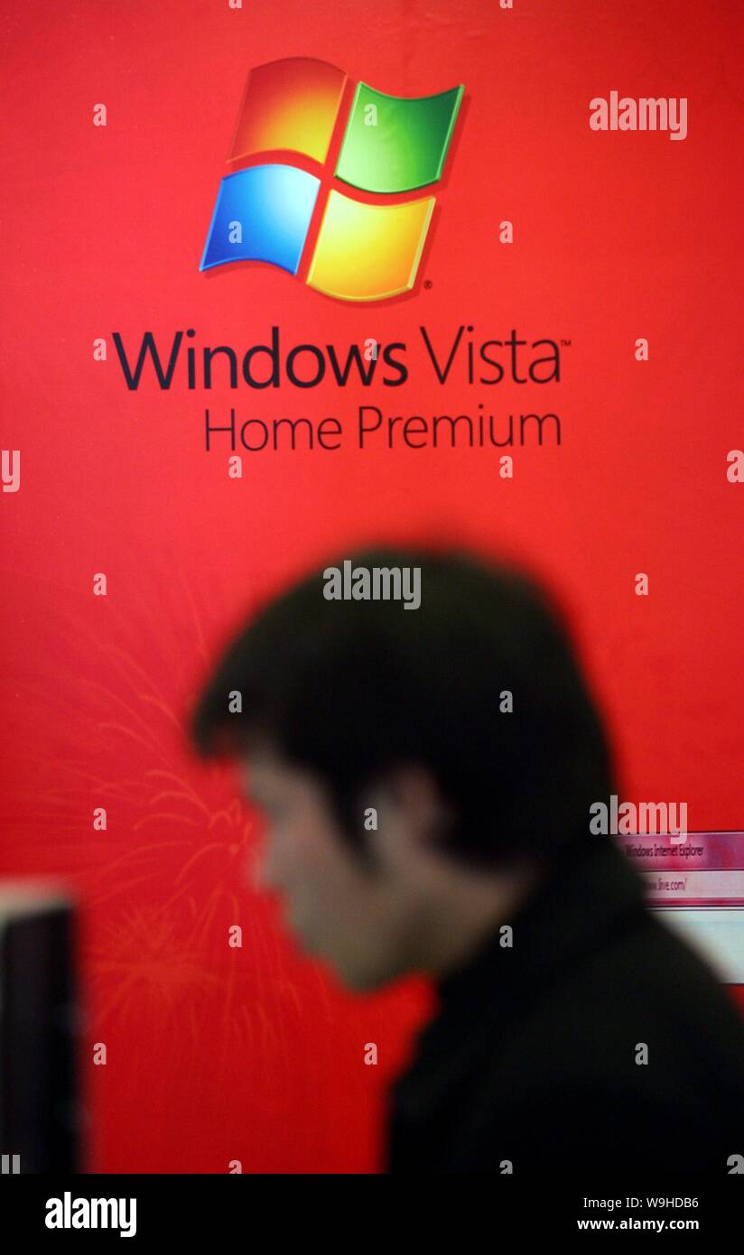 Advertisement of Microsoft new operating system Windows Vista at a Pacific Computer Mall in Shanghai 30 January 2007. Stock Photo
