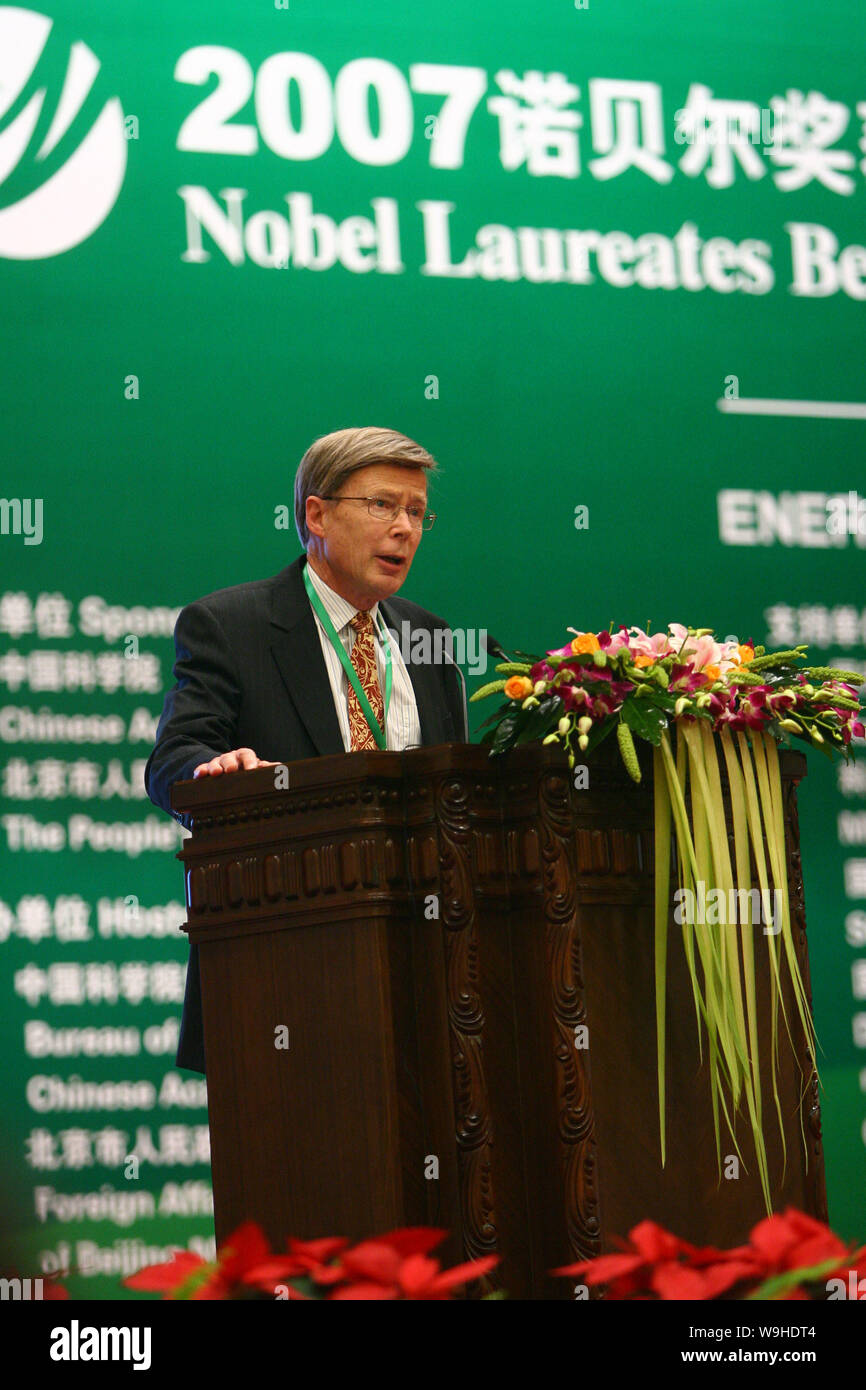 Kurt Lambeck, President of the Australian Academy of Science, speaks at Nobel Laureates Beijing Forum 2007, in Beijing, September 11, 2007.   9 Nobel Stock Photo