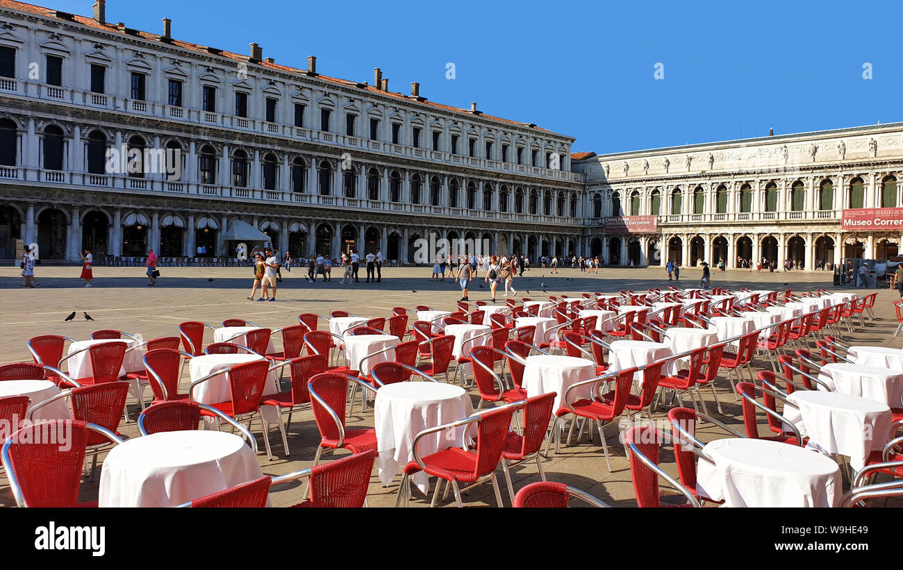 Cafe Chairs, Piazza San Marco (St Mark's Square), Venice, Italy. Stock Photo