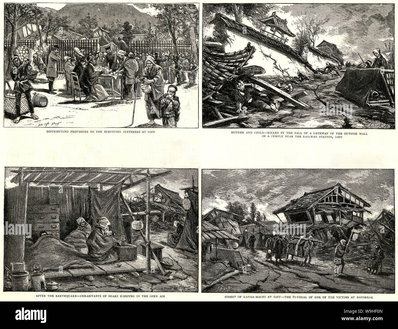 [ 1890s Japan - Nobi Earthquake, 1891 ] —   Devastation caused by the Nobi Earthquake (濃尾地震, Nobi Jishin) of October 28, 1891 (Meiji 24).  Published in the British weekly illustrated newspaper The Graphic on December 25, 1891 (Meiji  24).  The Nobi Earthquake measured between 8.0 and 8.4 on the scale of Richter and caused 7,273 deaths, 17,175 casualties and the destruction of 142,177 homes.  19th century vintage newspaper illustration. Stock Photo