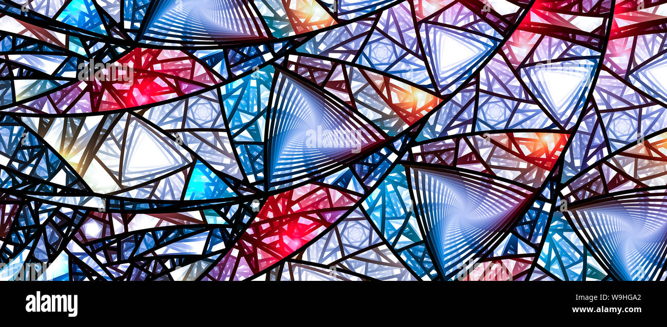 Colorful glowing stained glass, computer generated abstract background, triangular pattern, 8k widescreen, 3D rendering Stock Photo