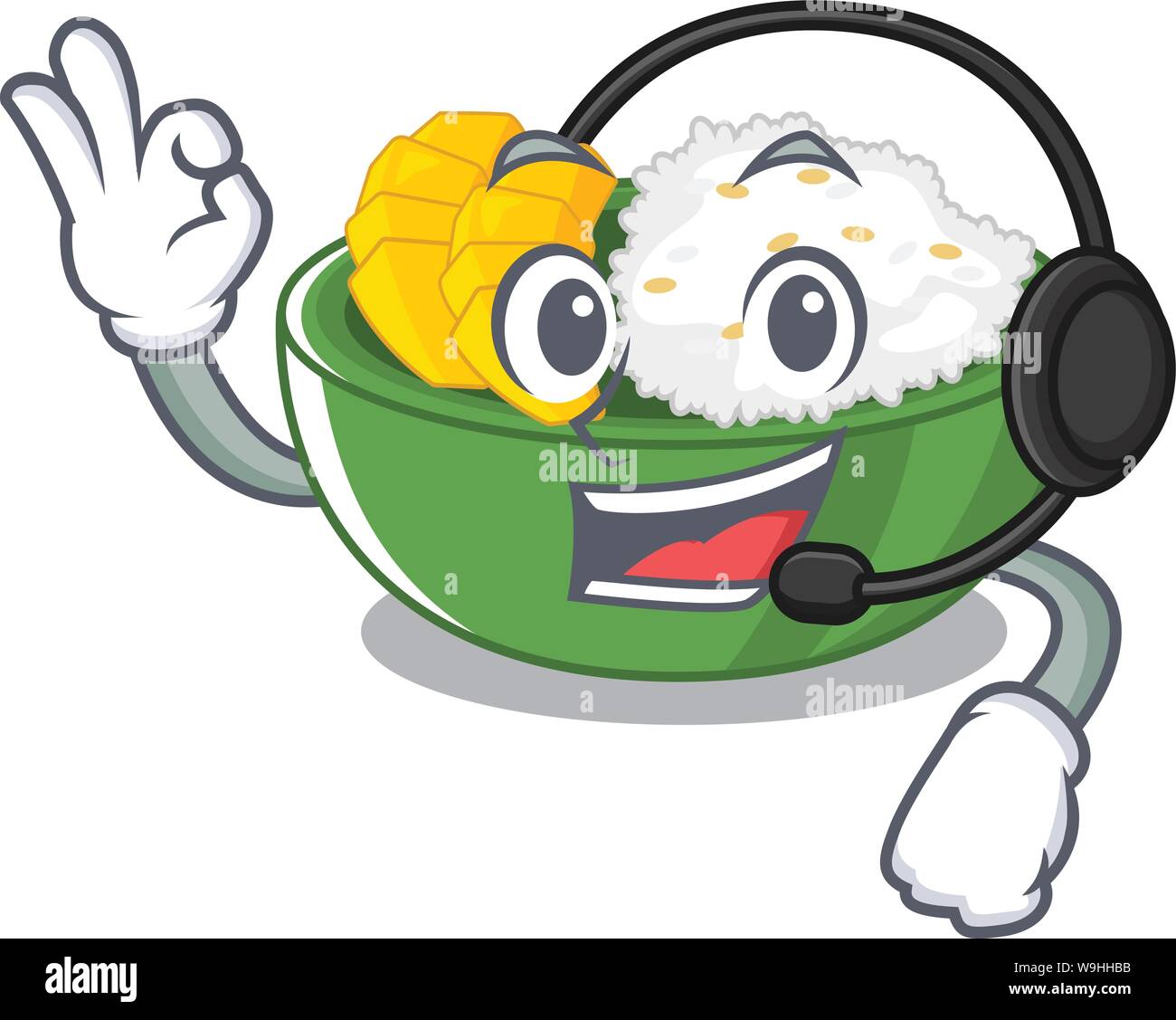 With headphone mango sticky rice with a mascot Stock Vector