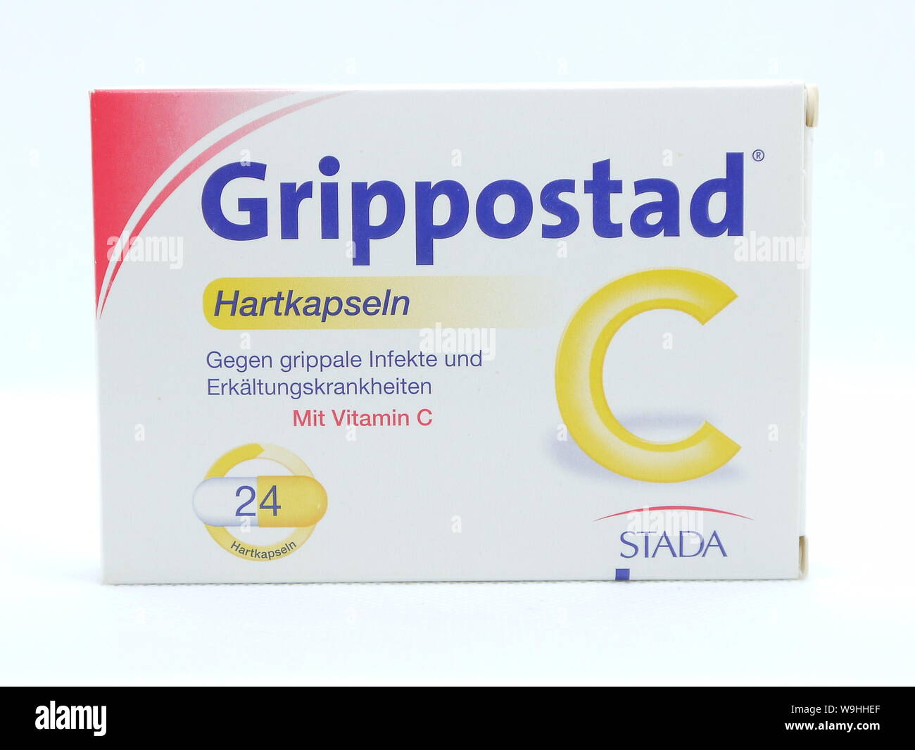 Berlin, Germany - 2019: Grippostad. Text in german: Grippostad hard capsules. Against influenza infections. With vitamin C. Stock Photo