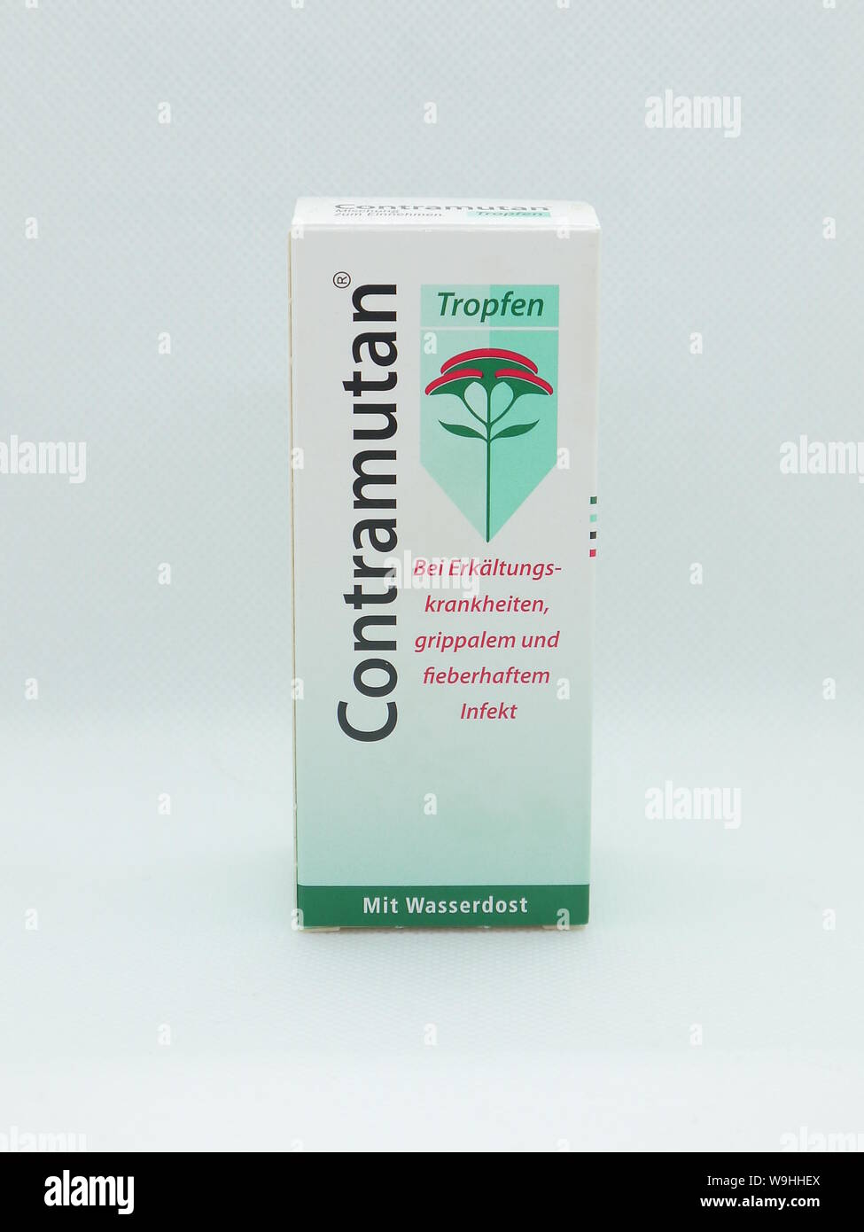 Berlin, Germany - 2019: Contramutan. Text in german:  Drops. In colds, influenza and feverish infectious. Stock Photo