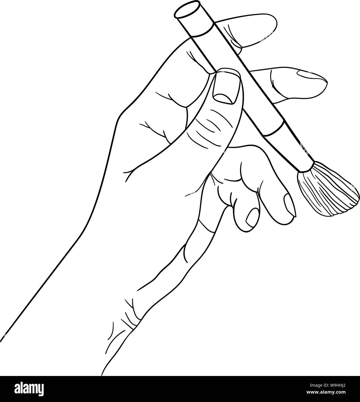 Hand illustration holding paint brush Black and White Stock Photos