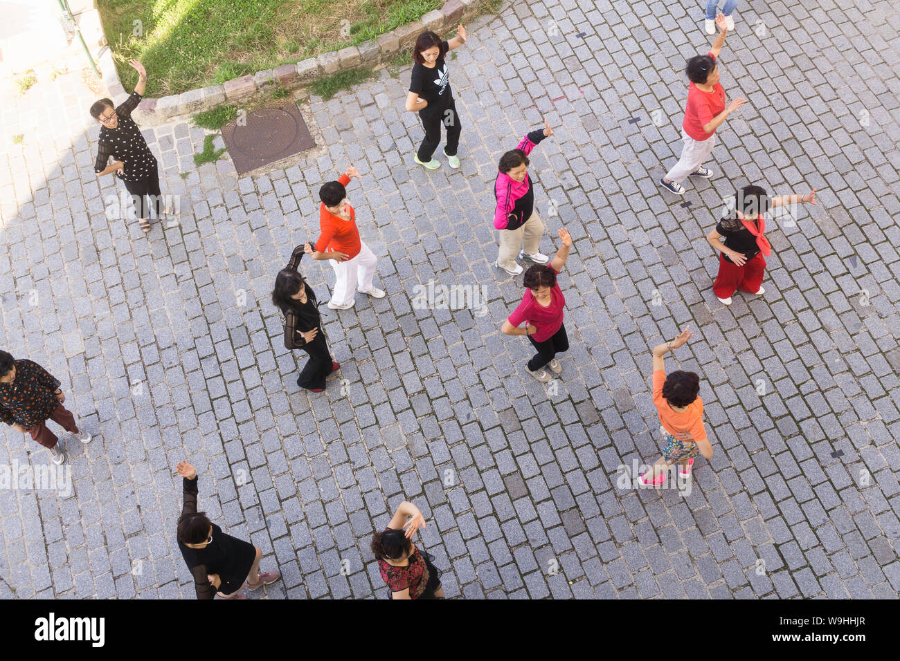 Topview of Asian women morning exercise in the park - Belleville park in the 20th arrondissement of Paris, France, Europe. Stock Photo