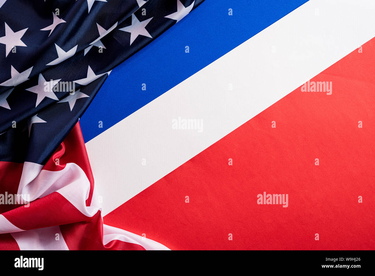 Top view of Flag of the United States of America on blue white red