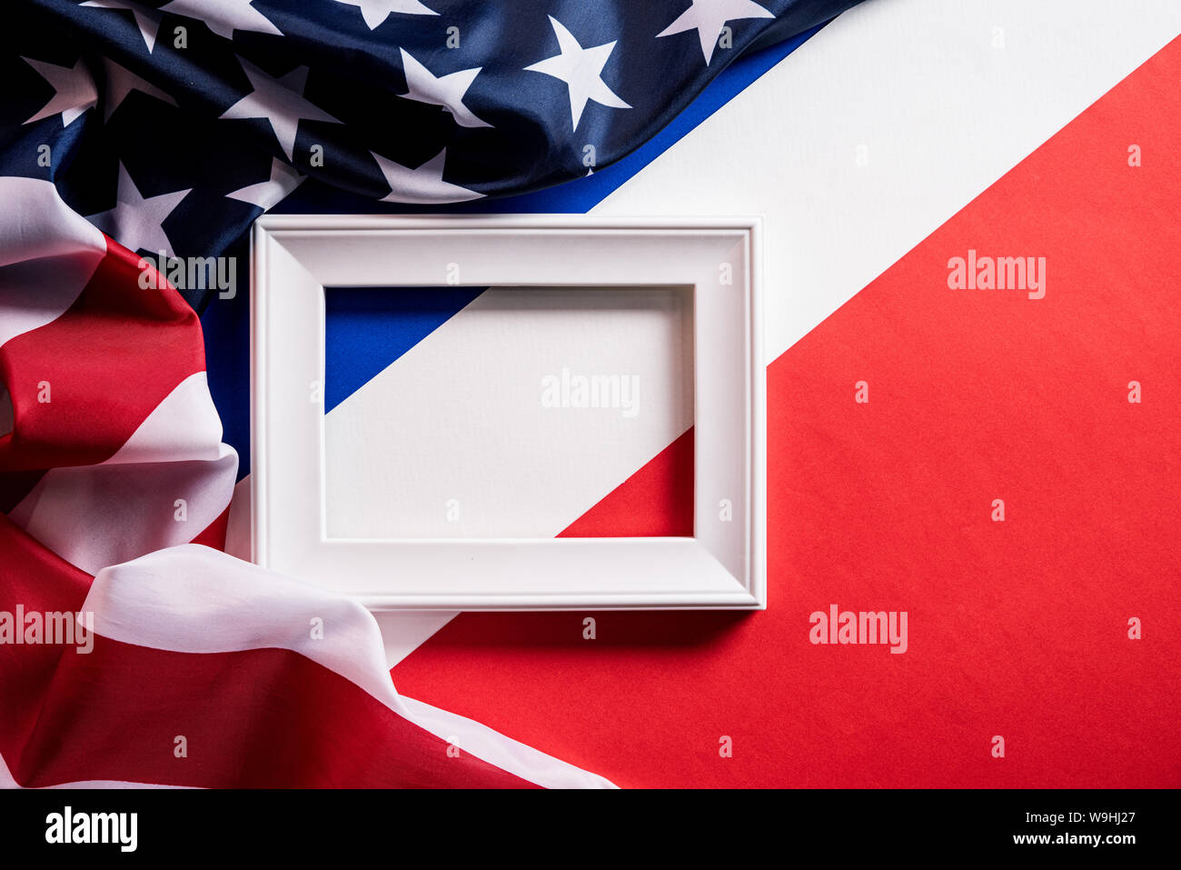Top view of Flag of the United States of America on blue white red ...