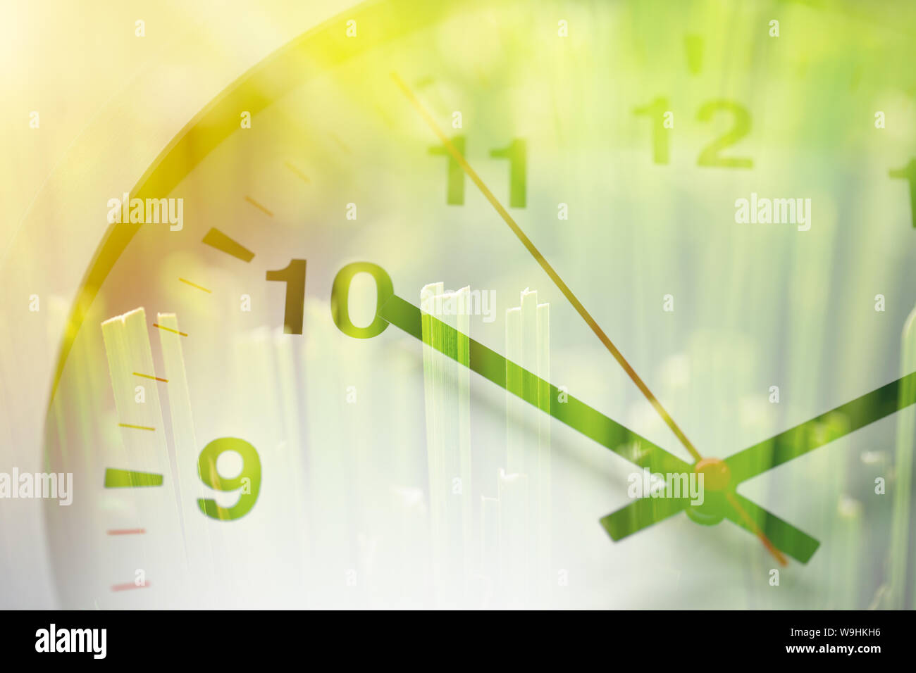 Times clock face overlay with green grass nature background. time to saving environment ecology concept Stock Photo