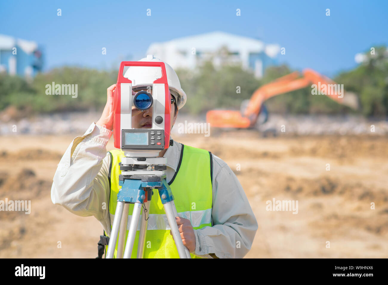 Construction engineer checking construction site for new Infrastructure construction project Stock Photo