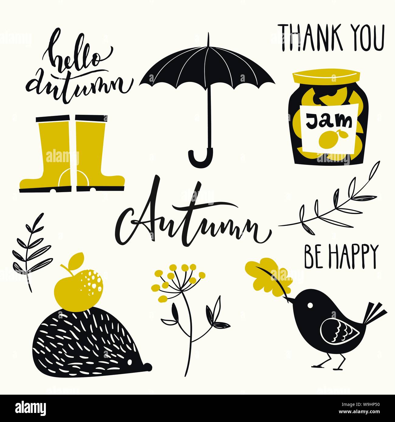 Set of autumn design elements in cool retro style Stock Vector