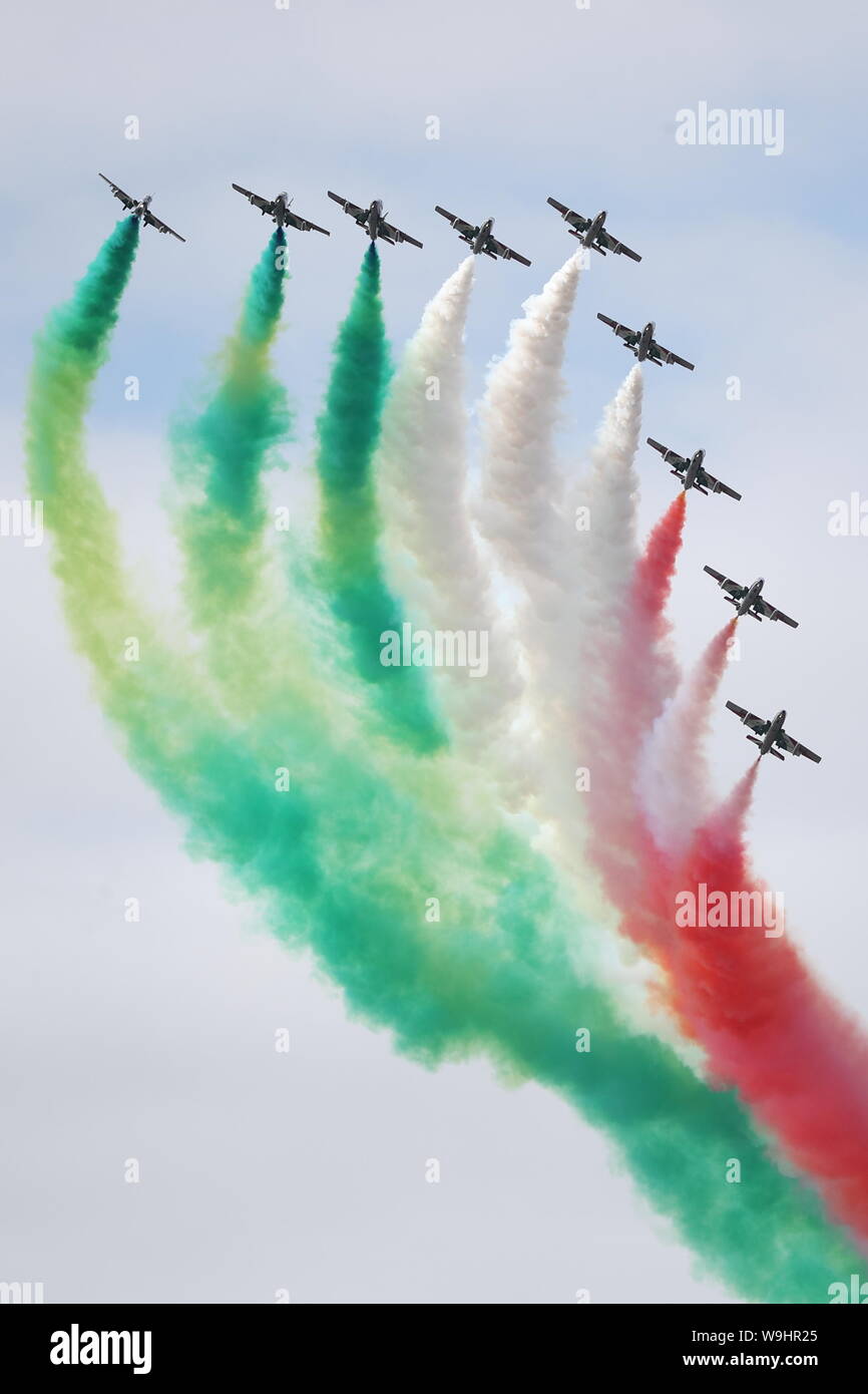 Italian aerobatic team Frecce Tricolori in their Aermacchi MB 339 at the Royal International Air Tattoo RIAT 2019 at RAF Fairford, Gloucestershire, UK Stock Photo