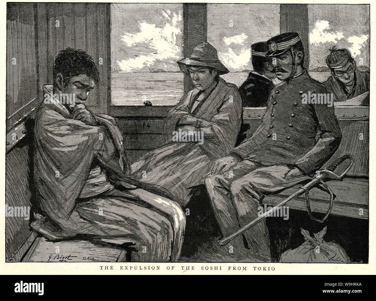 [ 1890s Japan - Japanese Prisoners and Police ] —   A police officer escorts a potential troublemaker on a train.   Published in the British weekly illustrated newspaper The Graphic on April 15, 1893 (Meiji 26).  Original text: 'The expulsion of the soshi (壮士) from Tokyo.'  19th century vintage newspaper illustration. Stock Photo