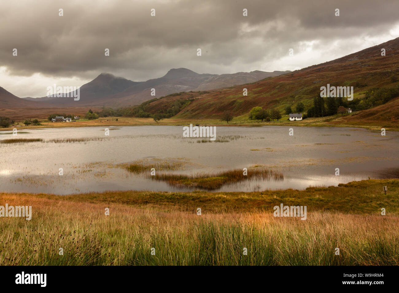 Small Scottish  white farmhouse or cottage on far bank of the Loch surrounded by mountains, trees and grass Stock Photo