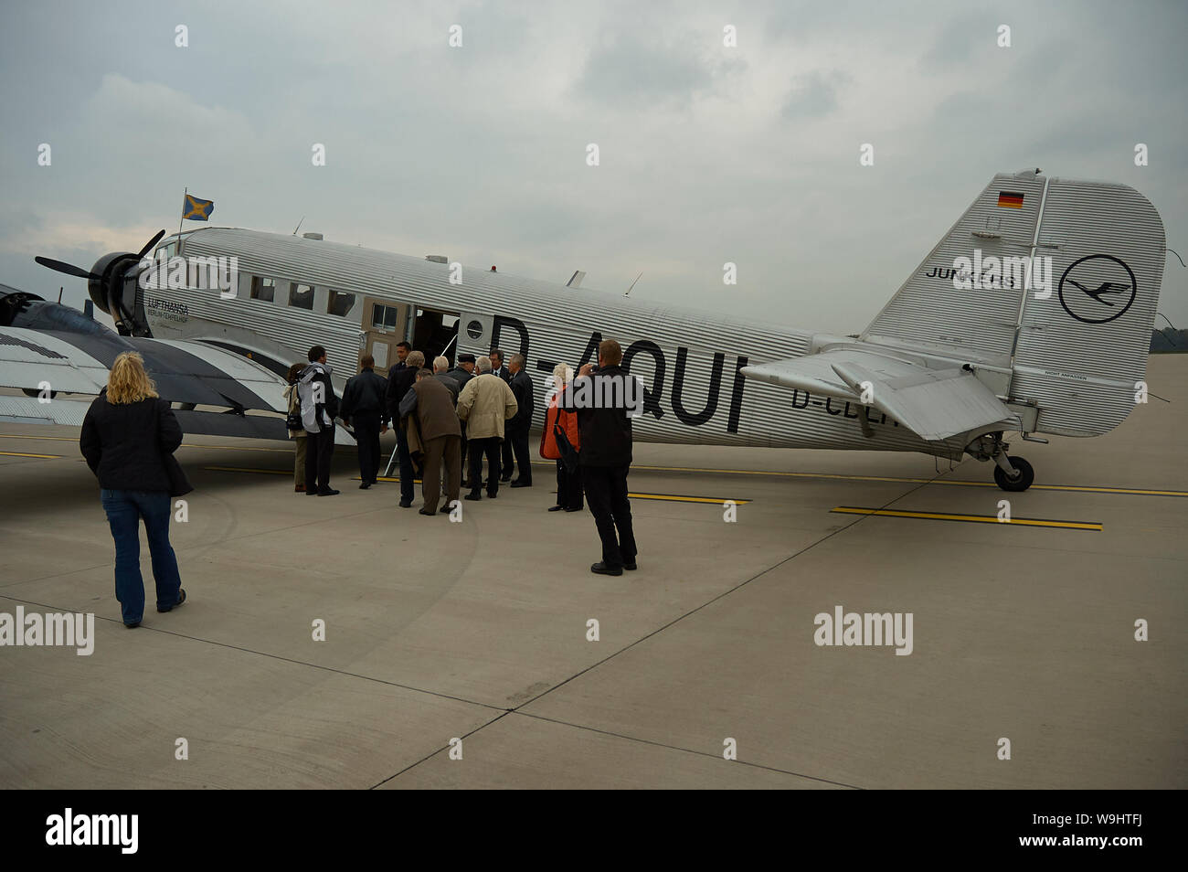 Passengers boarding a flight with the historical Lufthansa Junkers Ju52 Stock Photo
