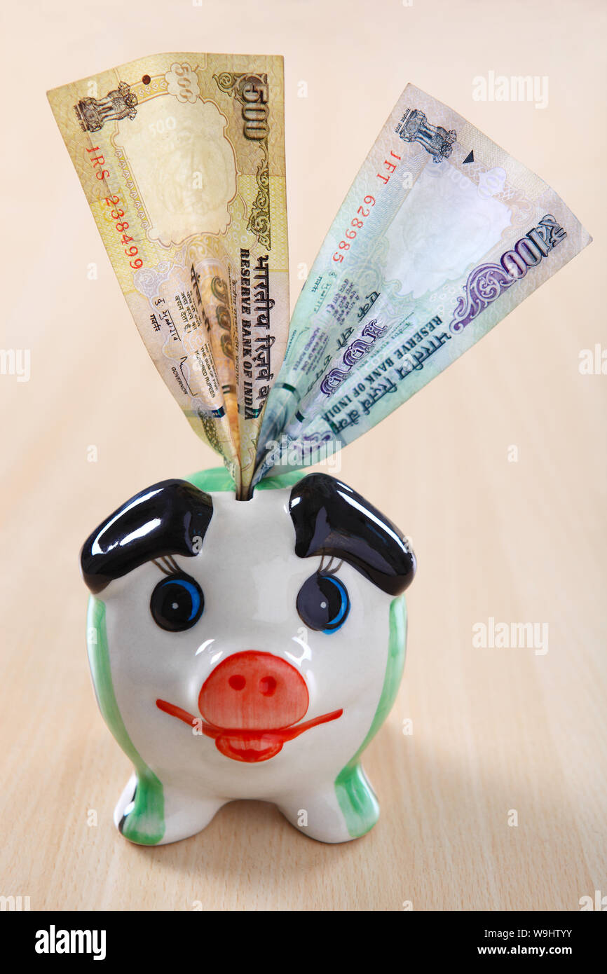 Indian banknotes putting into a piggy bank Stock Photo