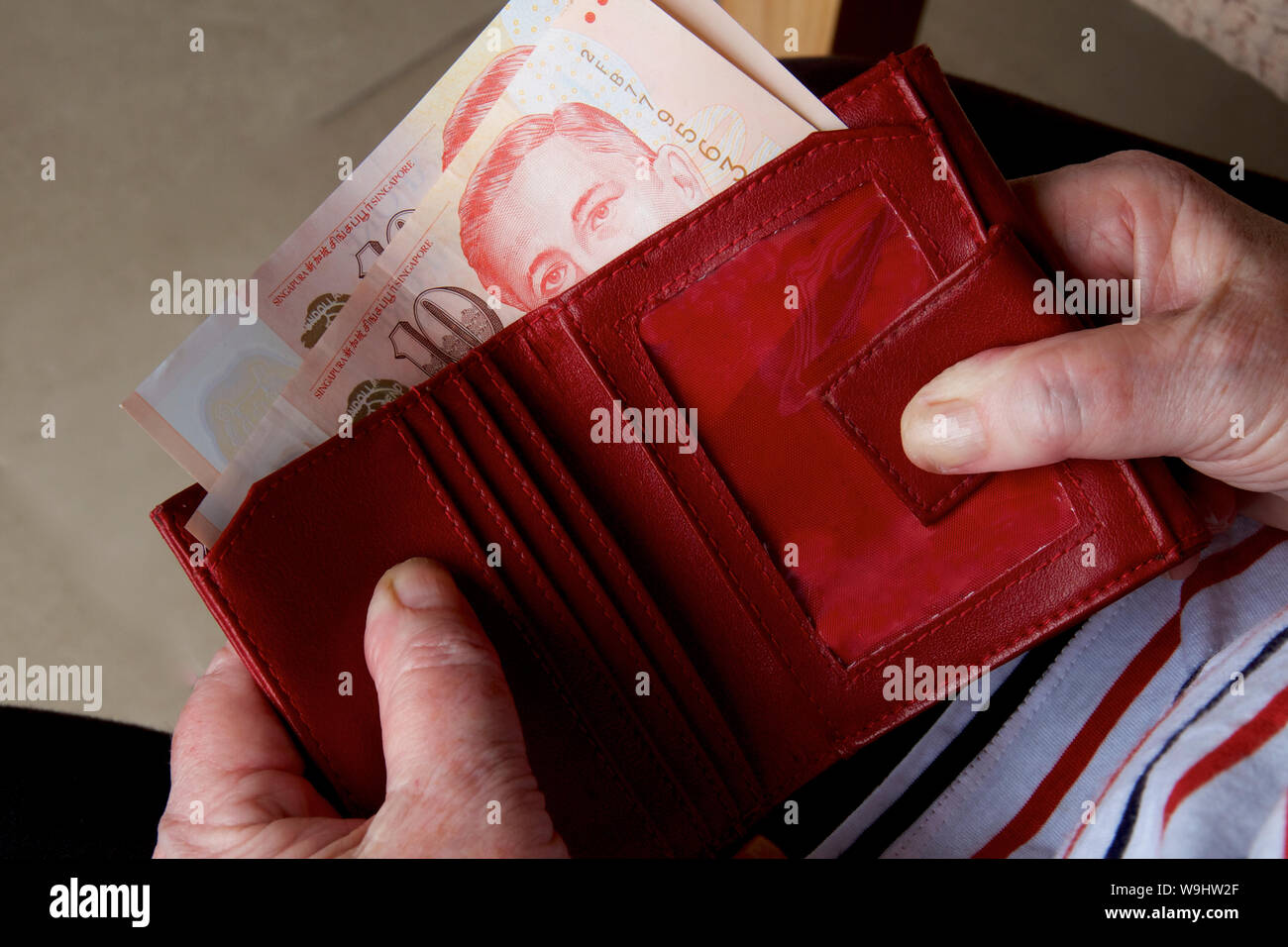 A woman with Singaporean dollars in a red purse. Stock Photo