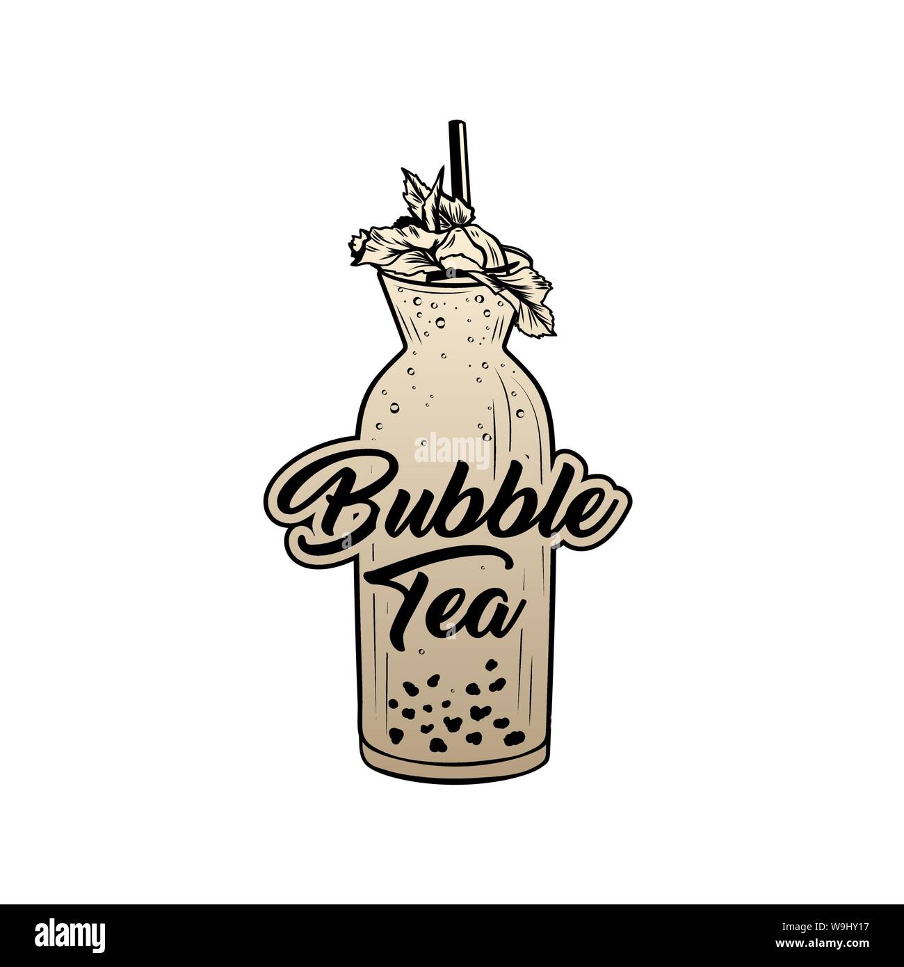 Bubble Tea Golden Sticker With Lettering Vector Illustration Delicious Summer Refreshment Taiwan Herbal Drink Cocktail Drawing With Lettering For Logo Fresh Beverage With Mint Leaves And Bubbles Stock Vector Image Art