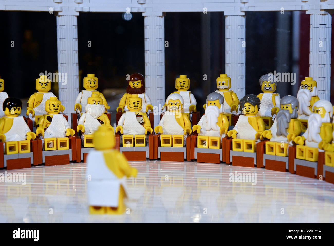 Brick History Lego exhibition at Hereford Museum - A scene depicting Athenian democracy. Stock Photo