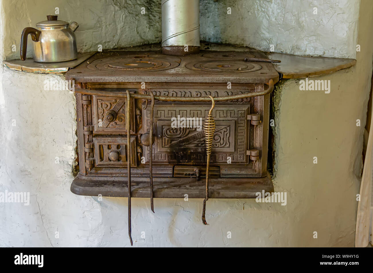 An old wood stove in a small croft. Stock Photo