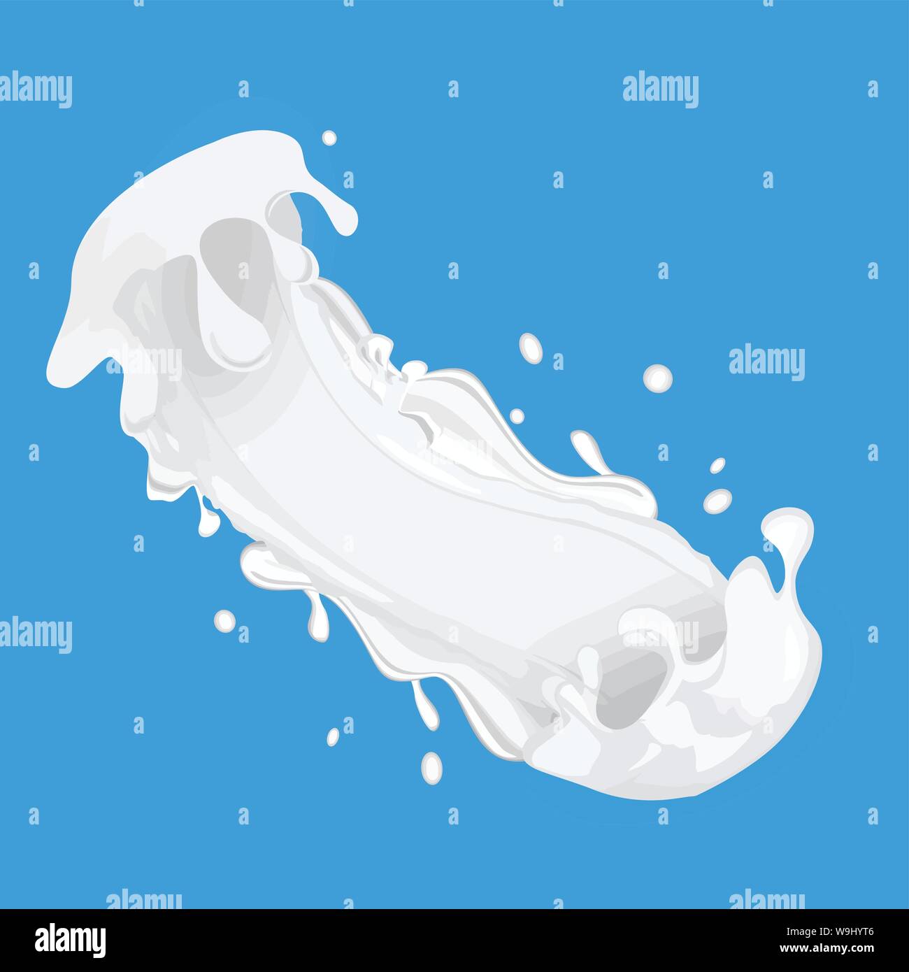 Milk splash, drops and blots on blue backgound, vector illustration Stock Vector