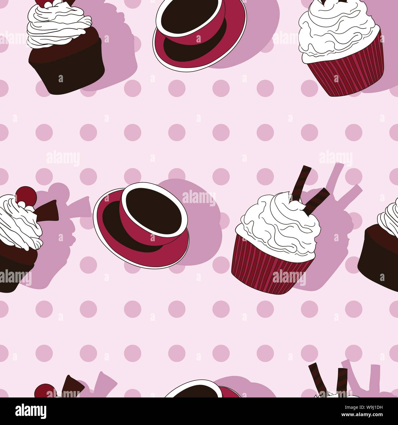 Cupcakes and coffee cup vector seamless pattern on a pink background with dots Stock Vector