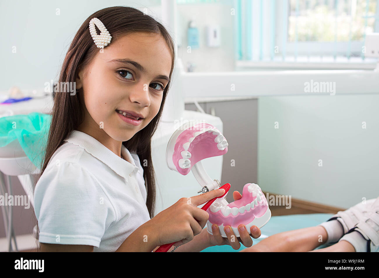 Smiling mixed race girl holding human teeth model sitting at dental office. Child showing right way brushing teeth Stock Photo