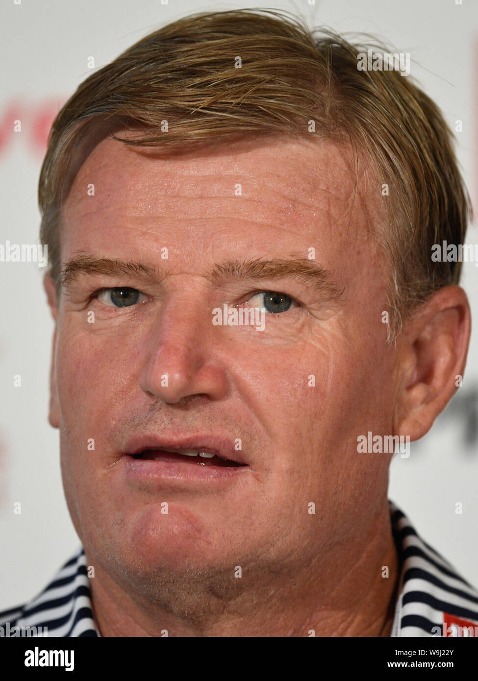 Golf player Ernie Els speaks during the press conference prior to D+D REAL CZECH MASTERS 2019 golf tournament of European Tour in Prague, Czech Republ Stock Photo