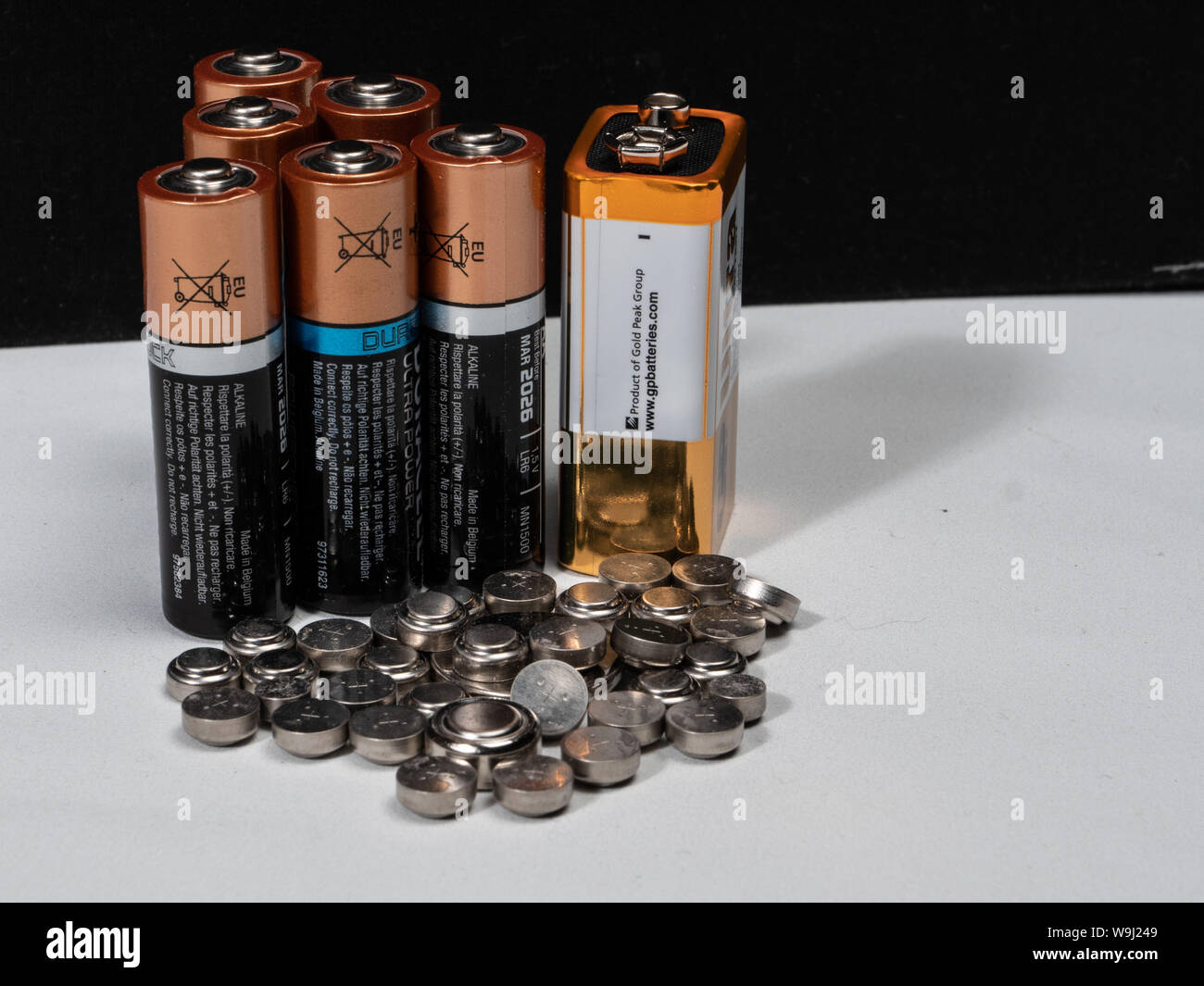 A collection of assorted batteries. Stock Photo